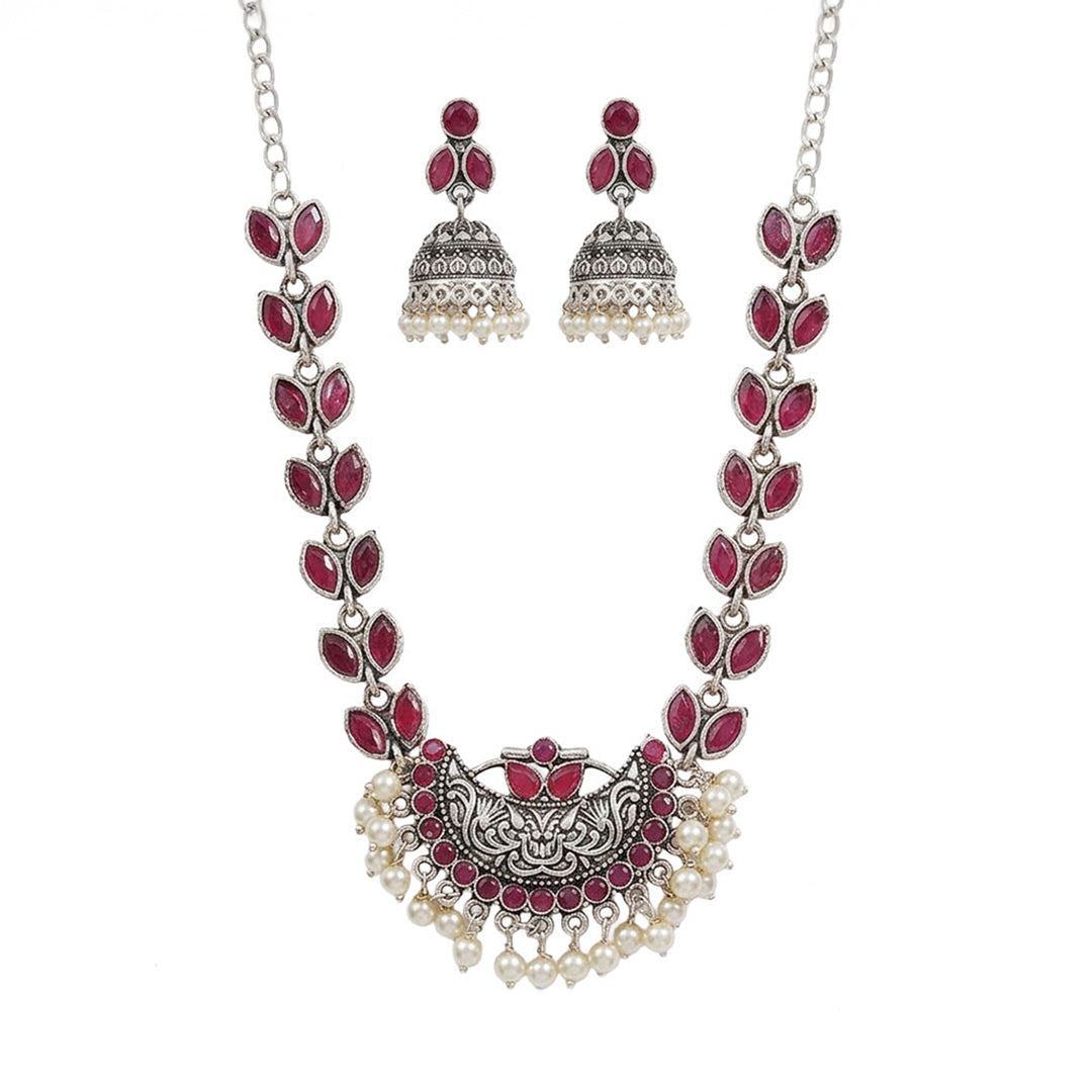 Mystic moon stone studded chain neckpiece (Red)
