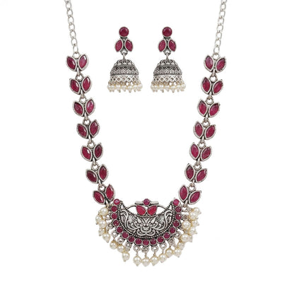 Mystic moon stone studded chain neckpiece (Red)