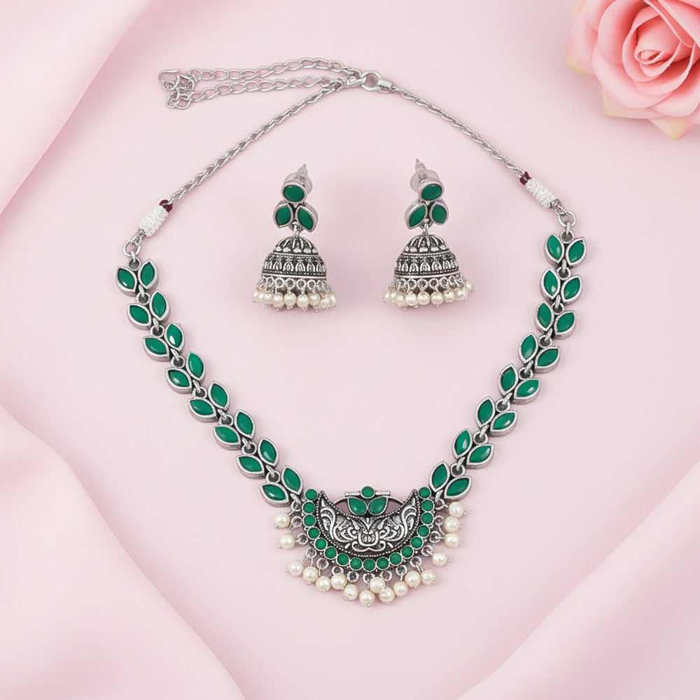 Mystic moon stone studded chain neckpiece (Green)