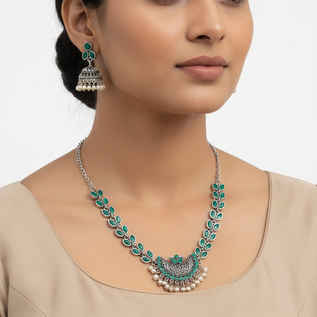 Mystic moon stone studded chain neckpiece (Green)