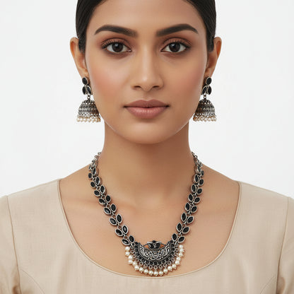 Mystic moon stone studded chain neckpiece (Black)