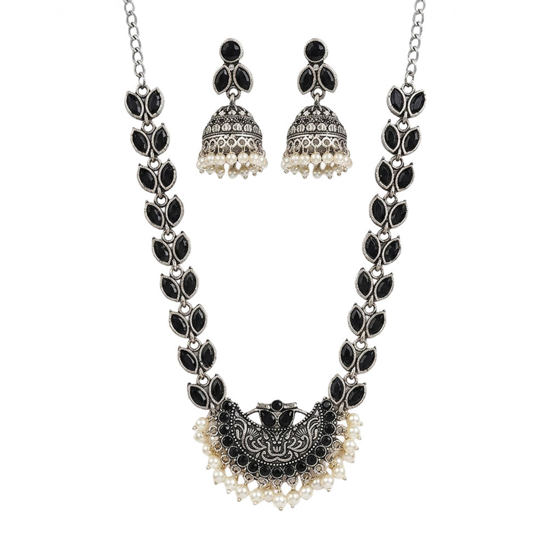Mystic moon stone studded chain neckpiece (Black)