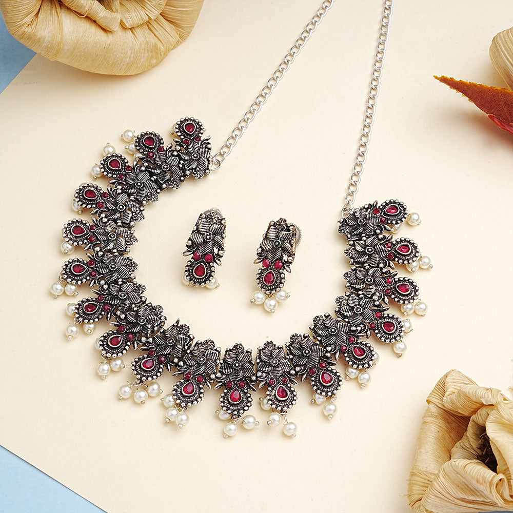 Regal blossom oxidisd chain neckpiece (Red)