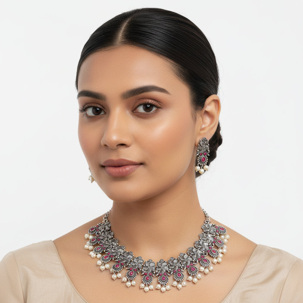 Regal blossom oxidisd chain neckpiece (Red)