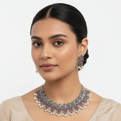 Regal blossom oxidisd chain neckpiece (Red)