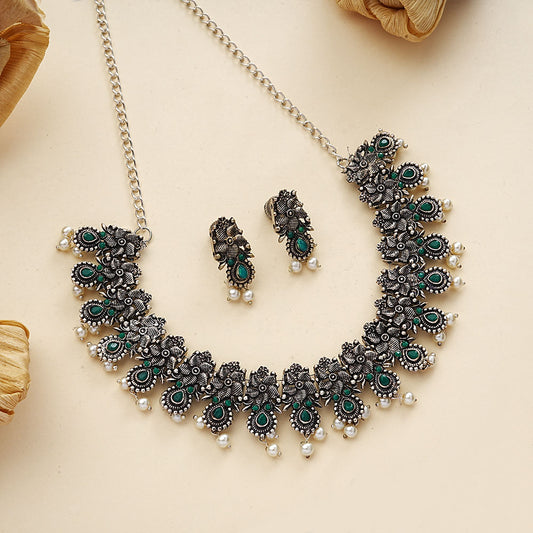 Regal blossom oxidisd chain neckpiece (Green)