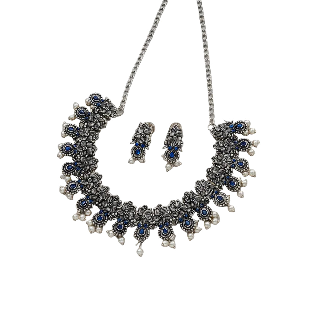 Regal blossom oxidisd chain neckpiece (Blue)