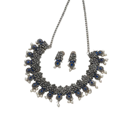 Regal blossom oxidisd chain neckpiece (Blue)