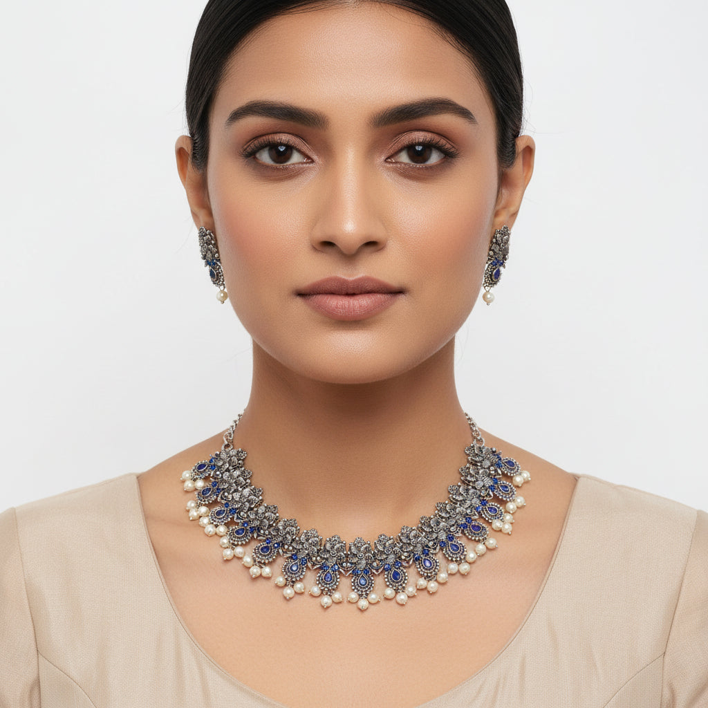 Regal blossom oxidisd chain neckpiece (Blue)