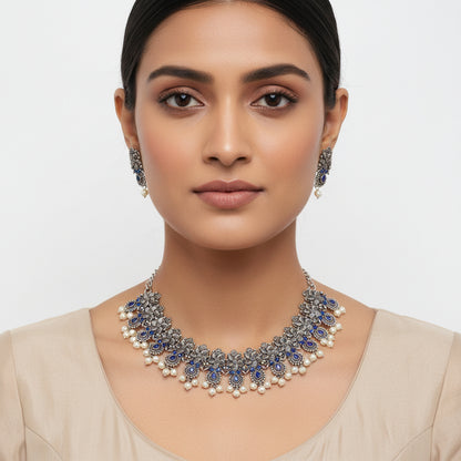 Regal blossom oxidisd chain neckpiece (Blue)