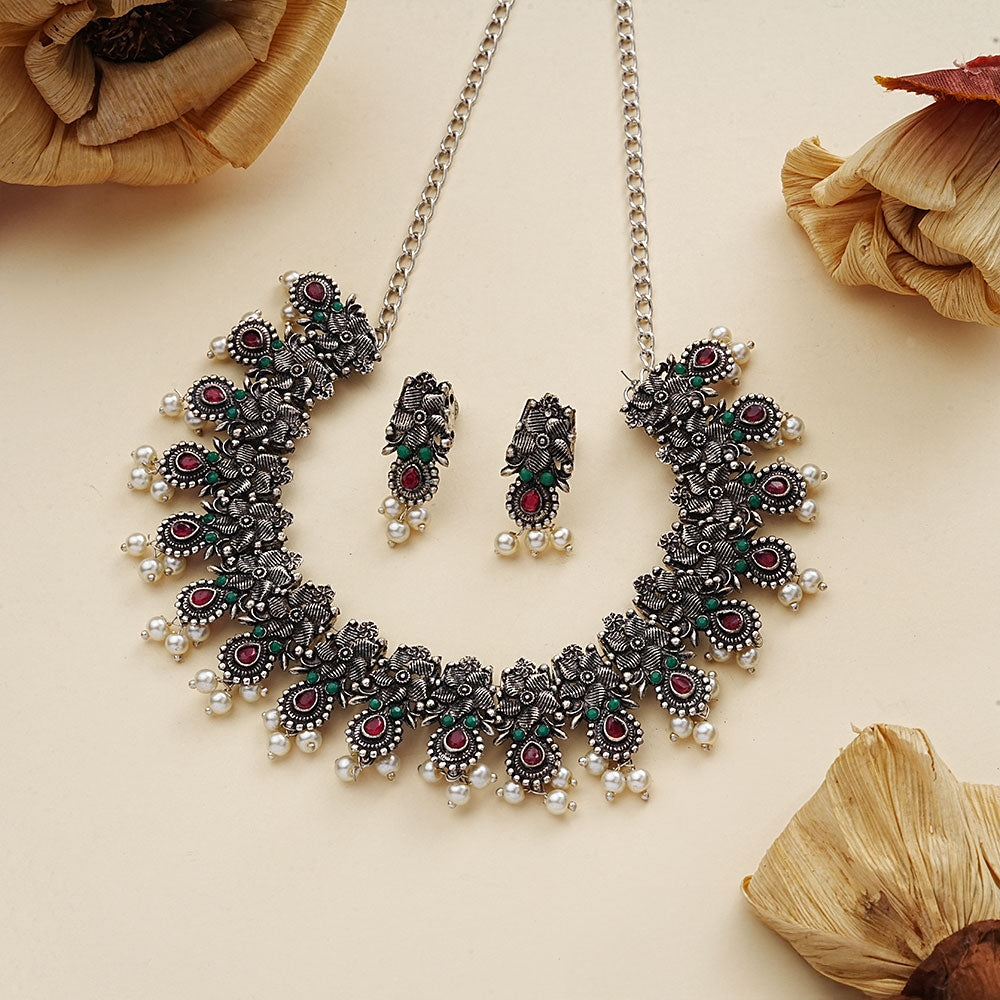Regal blossom oxidisd chain neckpiece (Multicolored)