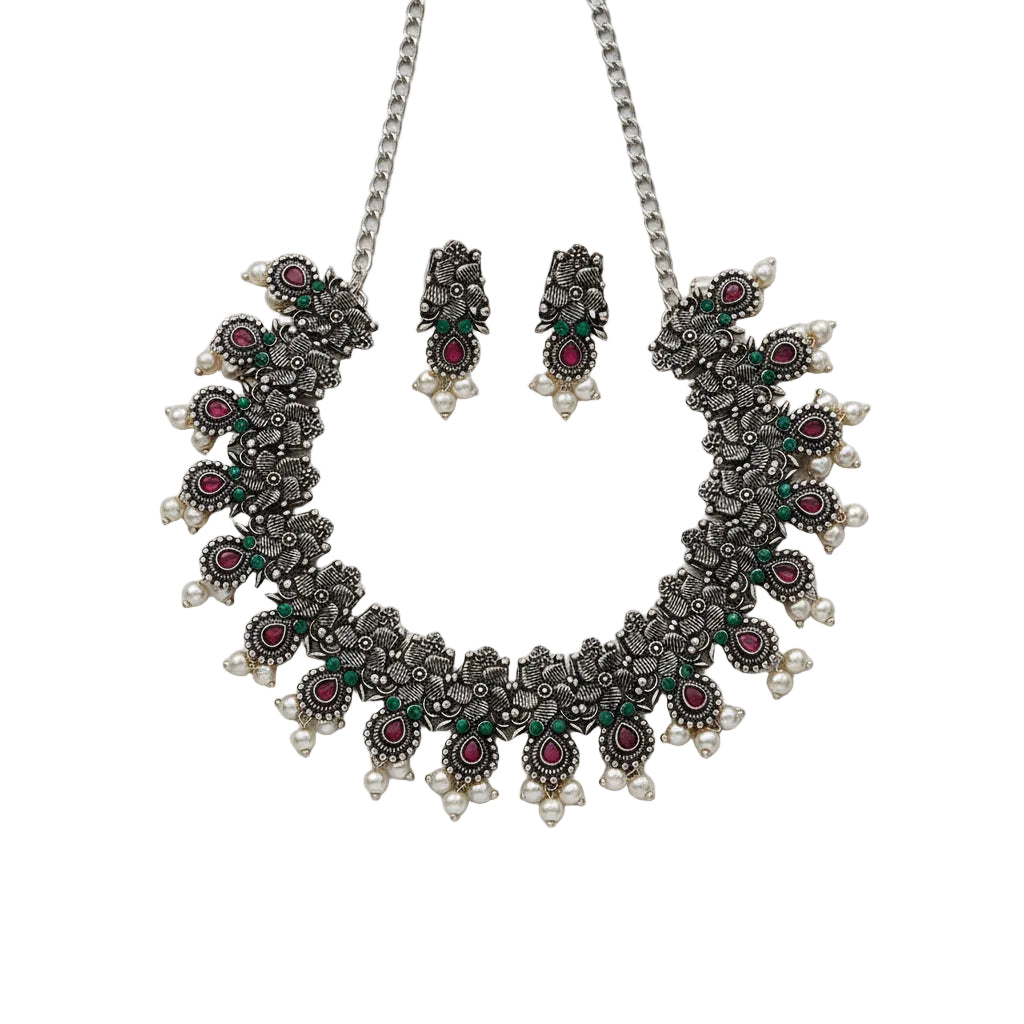 Regal blossom oxidisd chain neckpiece (Multicolored)