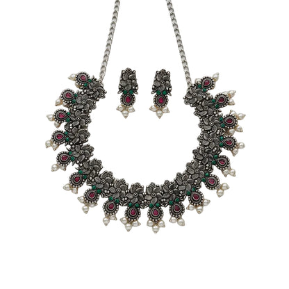 Regal blossom oxidisd chain neckpiece (Multicolored)