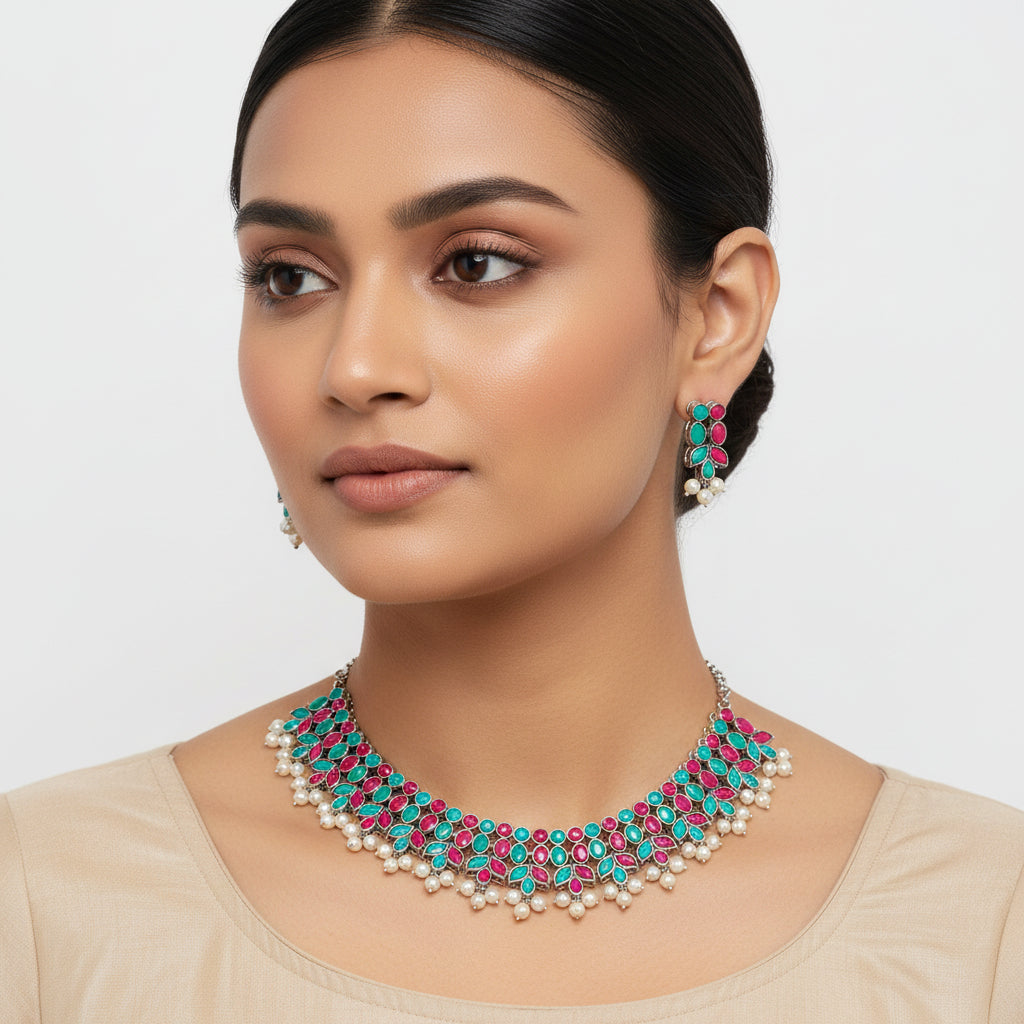 Dessert stone oxidised chain neckpiece (Multicolored)