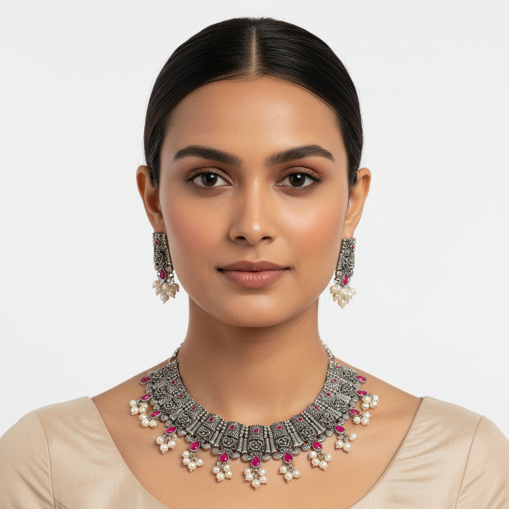 Dessert stone oxidised chain neckpiece (Red)