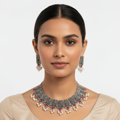 Dessert stone oxidised chain neckpiece (Red)