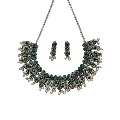 Ethnic echo stone studded rope neckpiece set (Green)