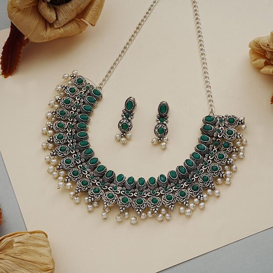 Ethnic echo stone studded rope neckpiece set (Green)
