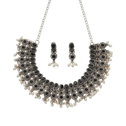 Ethnic echo stone studded rope neckpiece set (Black)