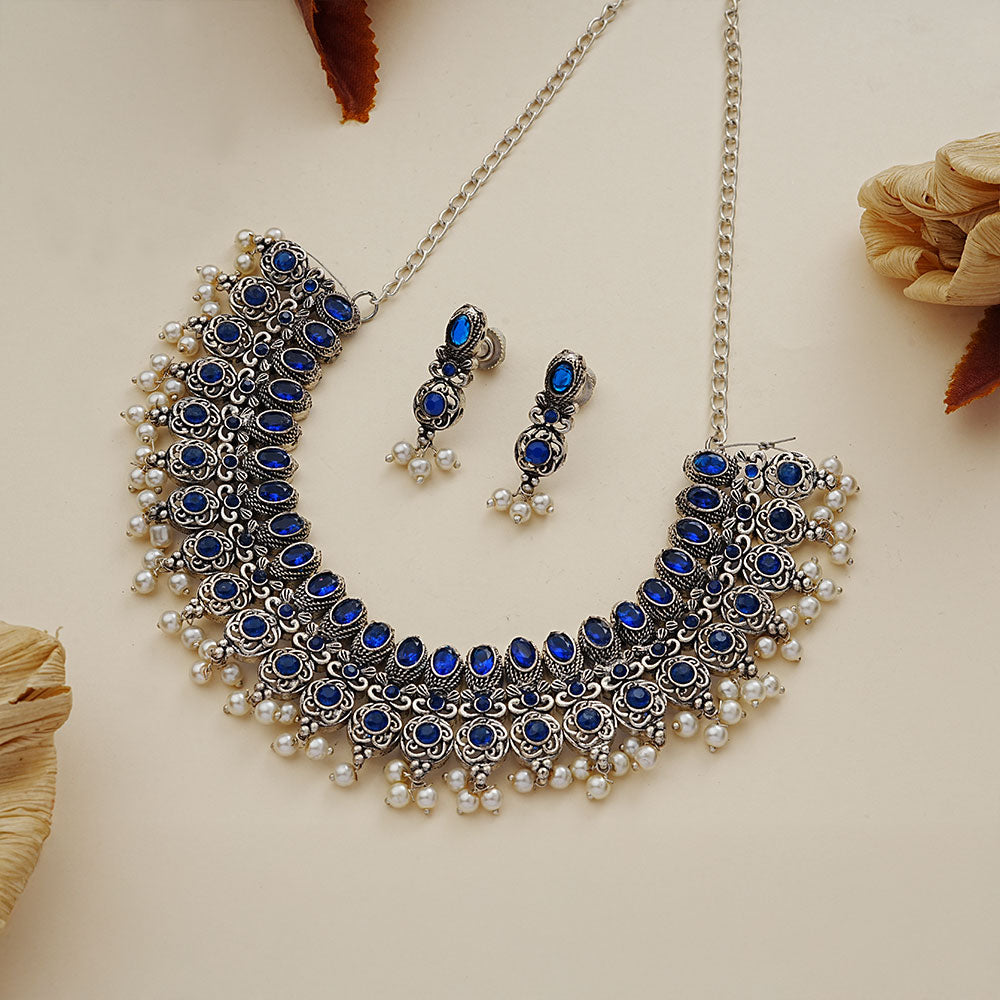 Ethnic echo stone studded rope neckpiece set (Blue)