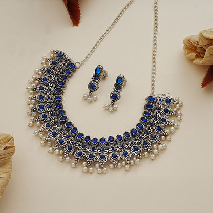 Ethnic echo stone studded rope neckpiece set (Blue)