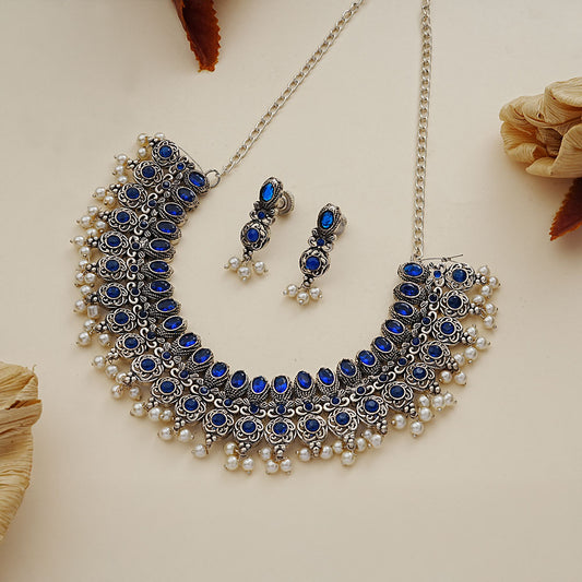Ethnic echo stone studded rope neckpiece set (Blue)