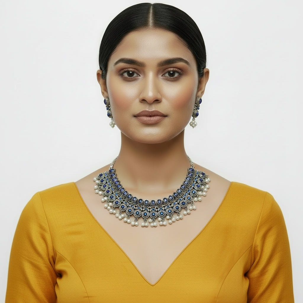 Ethnic echo stone studded rope neckpiece set (Blue)