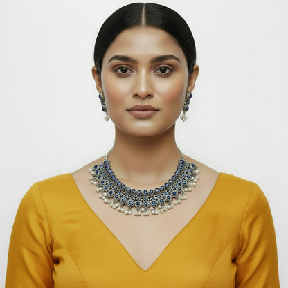Ethnic echo stone studded rope neckpiece set (Blue)