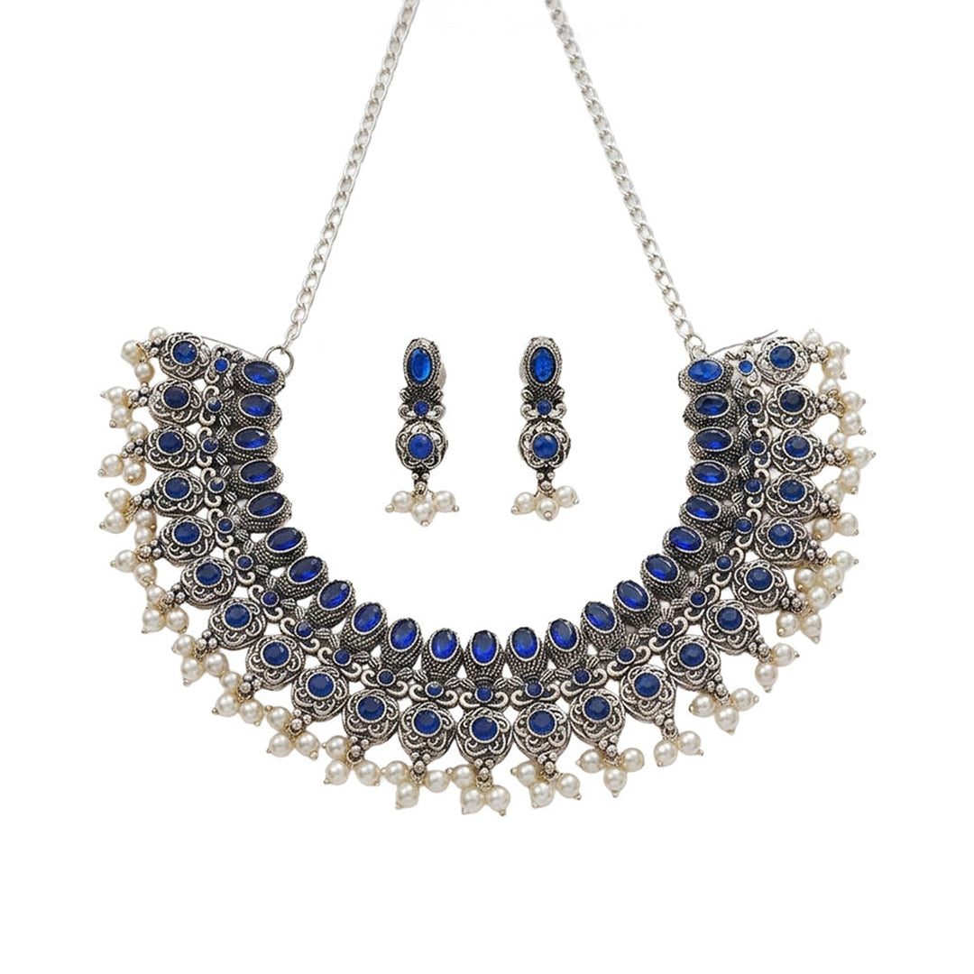 Ethnic echo stone studded rope neckpiece set (Blue)