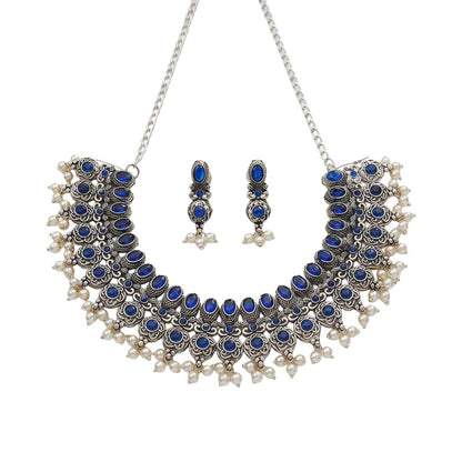 Ethnic echo stone studded rope neckpiece set (Blue)