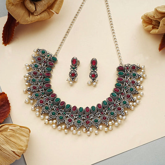 Ethnic echo stone studded rope neckpiece set (Multicolored)
