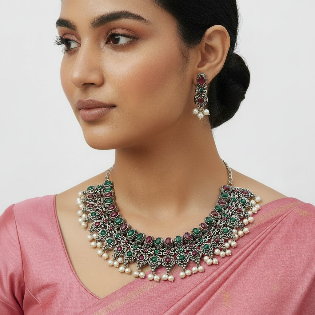 Ethnic echo stone studded rope neckpiece set (Multicolored)