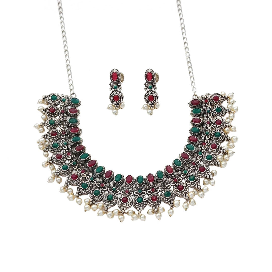 Ethnic echo stone studded rope neckpiece set (Multicolored)