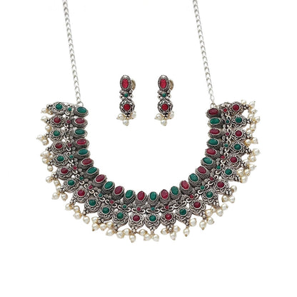 Ethnic echo stone studded rope neckpiece set (Multicolored)