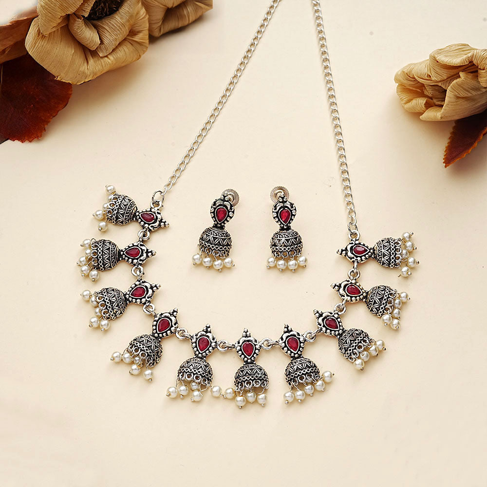 Traditional jharokha stone studded chain neckpiece set (Red)