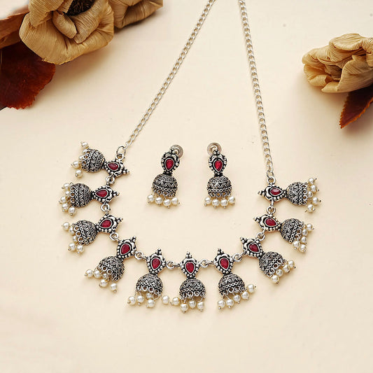 Traditional jharokha stone studded chain neckpiece set (Red)