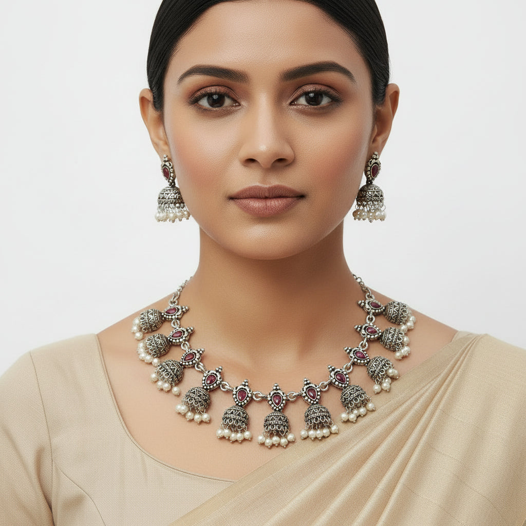 Traditional jharokha stone studded chain neckpiece set (Red)