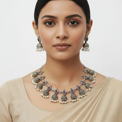 Traditional jharokha stone studded chain neckpiece set (Red)