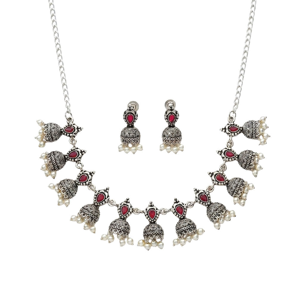 Traditional jharokha stone studded chain neckpiece set (Red)