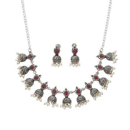 Traditional jharokha stone studded chain neckpiece set (Red)