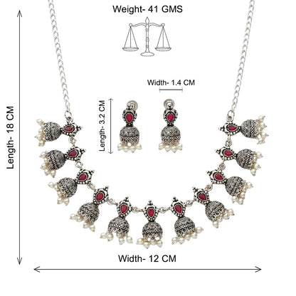Traditional jharokha stone studded chain neckpiece set (Red)