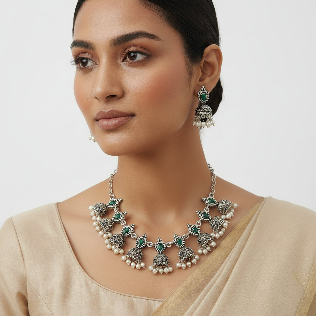 Traditional jharokha stone studded chain neckpiece set (Green)