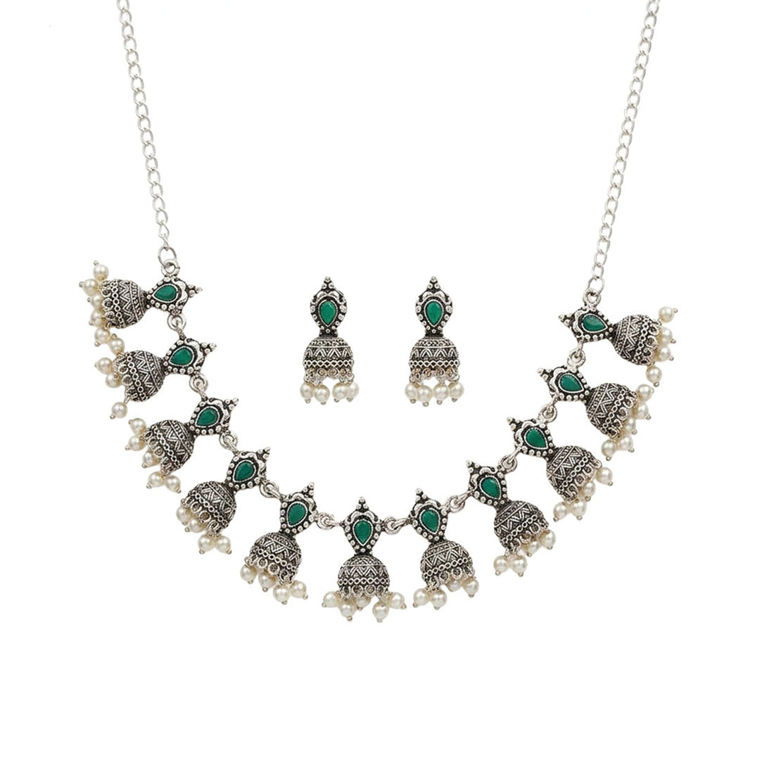 Traditional jharokha stone studded chain neckpiece set (Green)