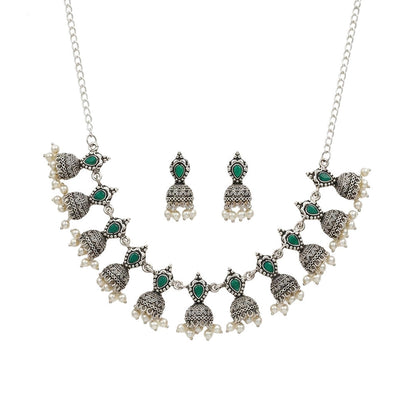 Traditional jharokha stone studded chain neckpiece set (Green)
