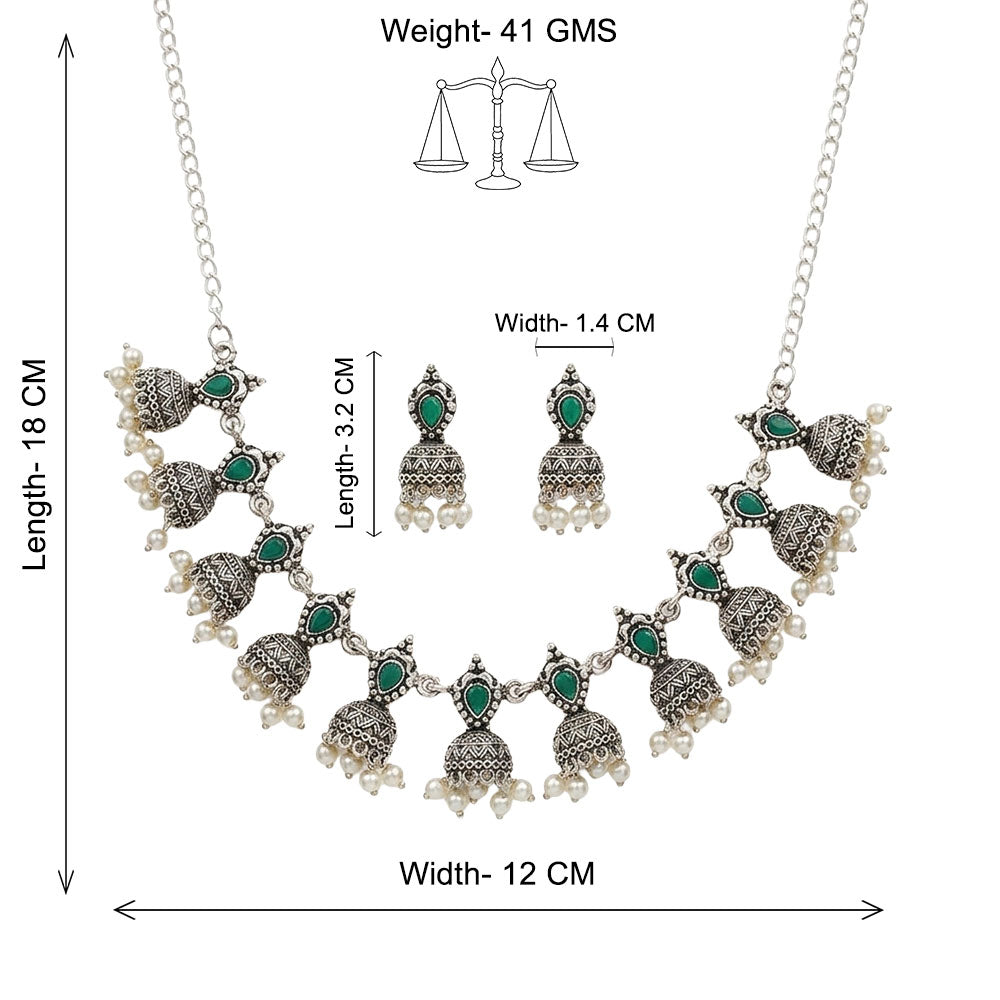 Traditional jharokha stone studded chain neckpiece set (Green)