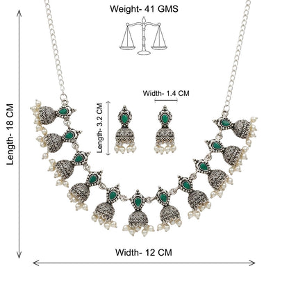 Traditional jharokha stone studded chain neckpiece set (Green)