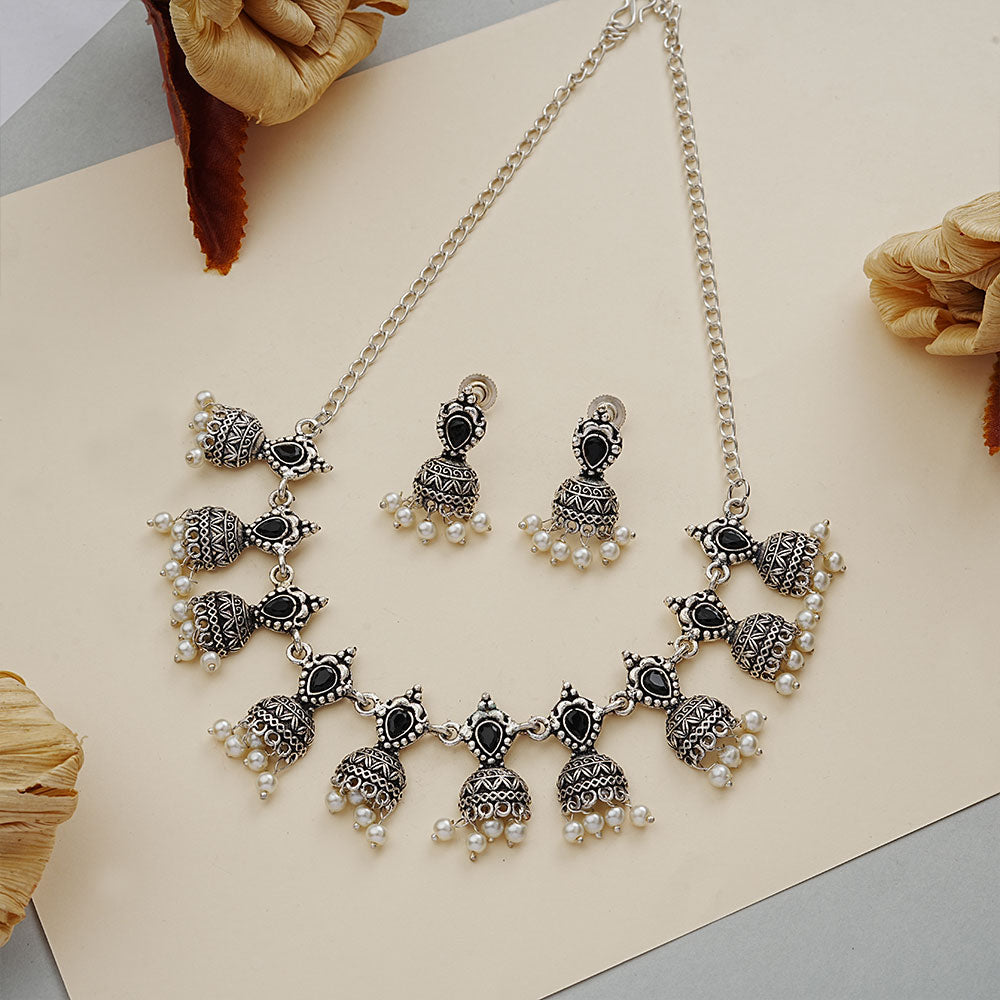 Traditional jharokha stone studded chain neckpiece set (Black)
