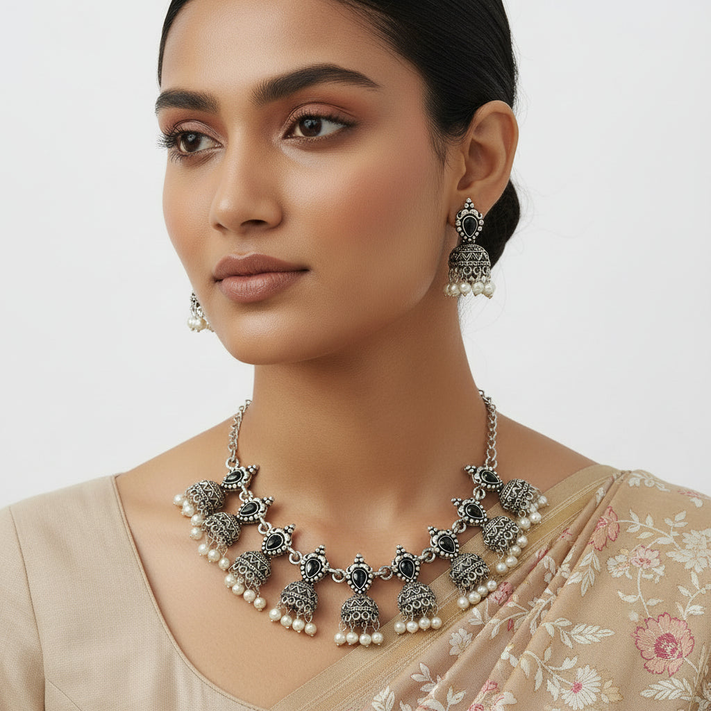 Traditional jharokha stone studded chain neckpiece set (Black)