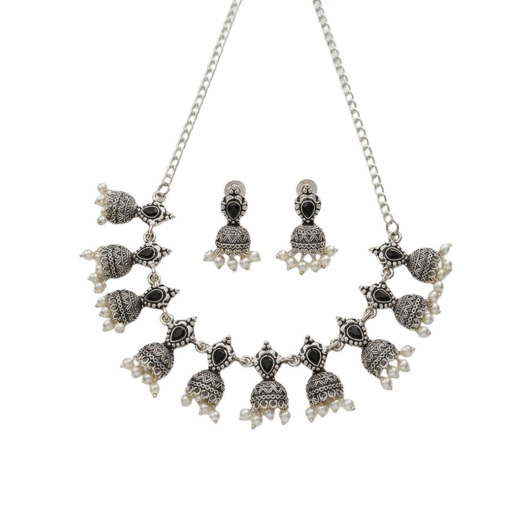 Traditional jharokha stone studded chain neckpiece set (Black)