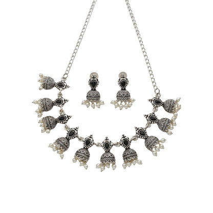 Traditional jharokha stone studded chain neckpiece set (Black)